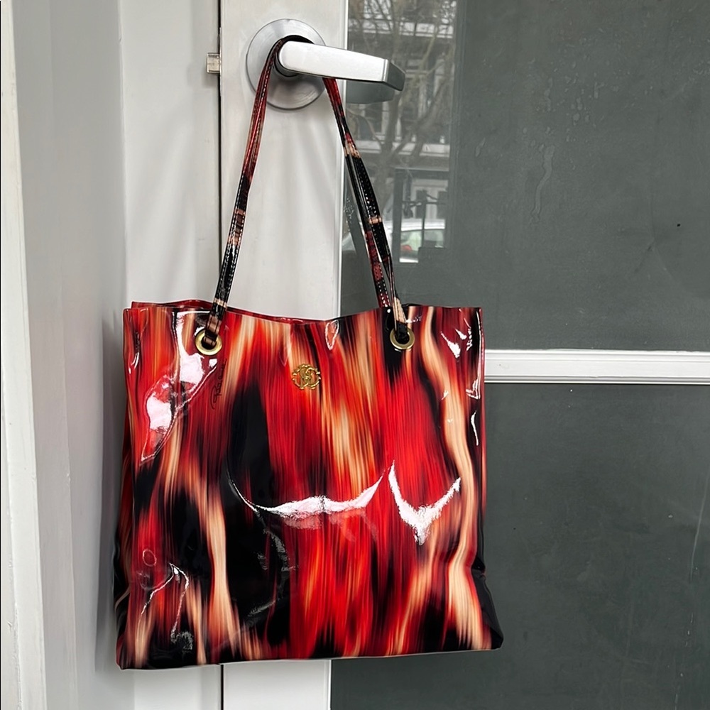 ROBERTO CAVALLI vinyl red and black flame tote bag